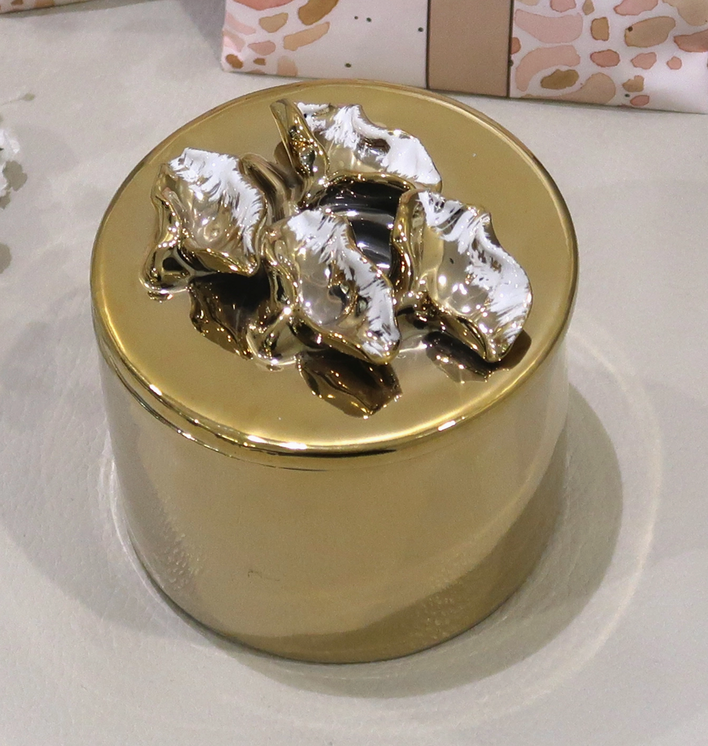 Round Gold Decorative Box with Petal Design Lid