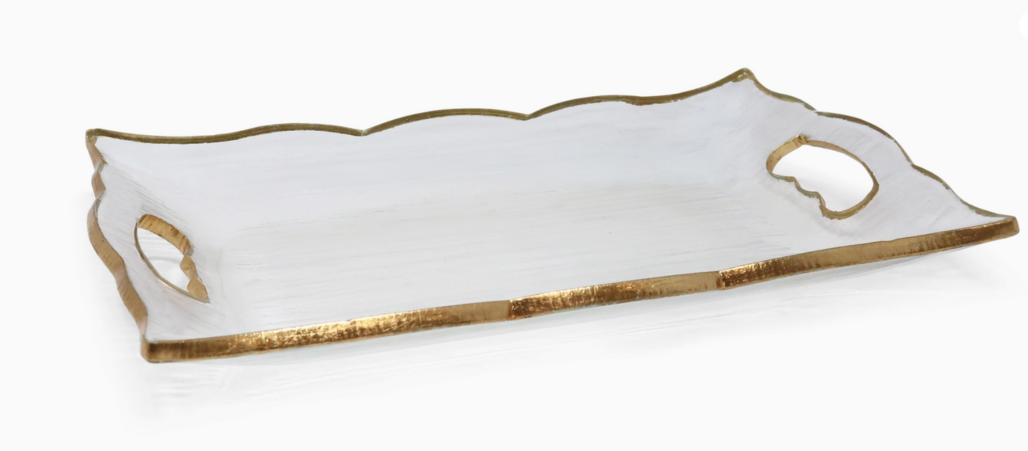 Rectangular Glass Tray with Handles and Gold Rim