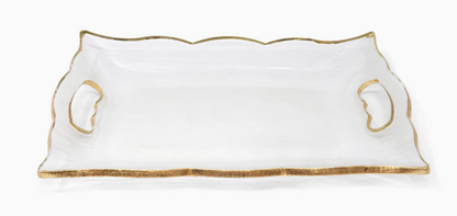 Rectangular Glass Tray with Handles and Gold Rim
