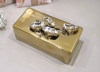 Oblong Gold Decorative Box with Petal Design Lid
