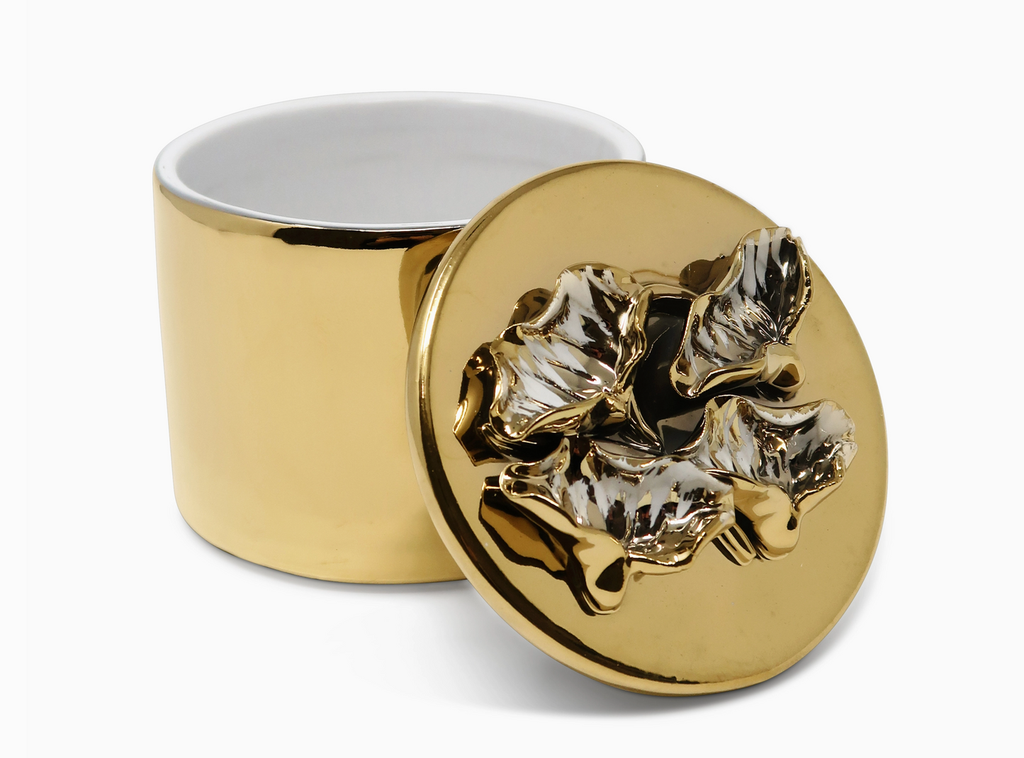Round Gold Decorative Box with Petal Design Lid