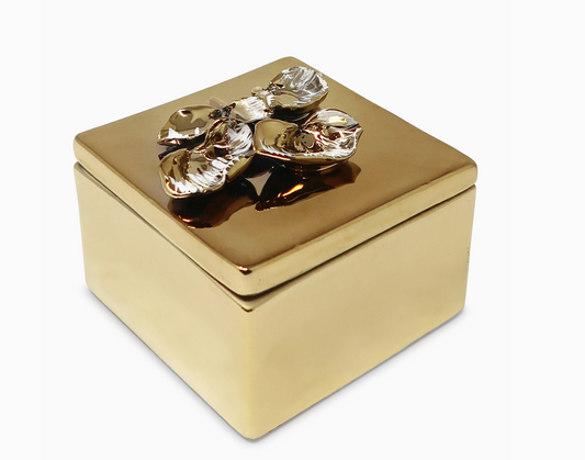 Square Gold Decorative Box with Petal Design On the Lid