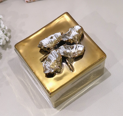 Square Gold Decorative Box with Petal Design On the Lid