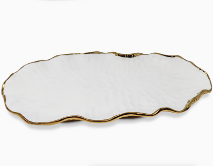 White Oval Tray New Bone China with Gold Scalloped Edge