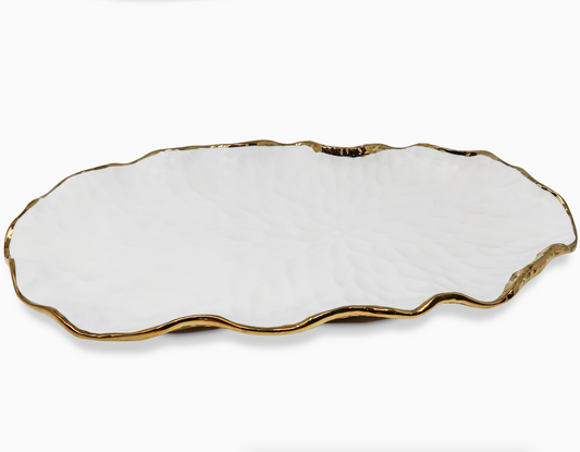 White Oval Tray New Bone China with Gold Scalloped Edge