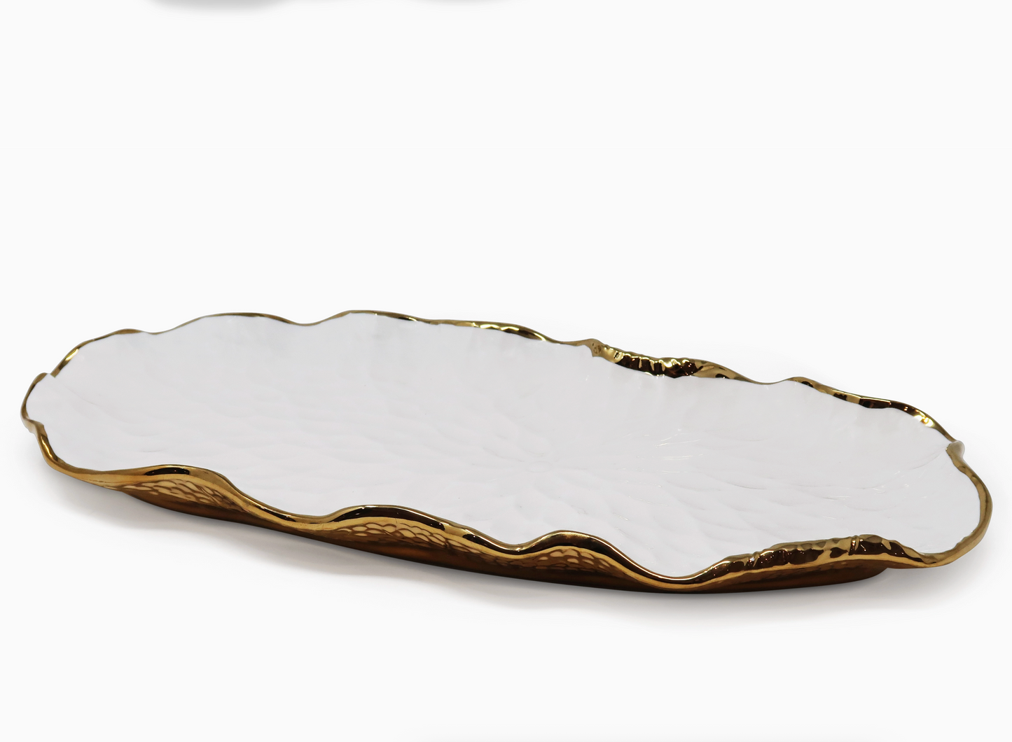 White Oval Tray New Bone China with Gold Scalloped Edge