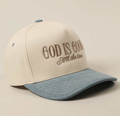 God Is Good All the Time Embroidery Trucker Hat Denim