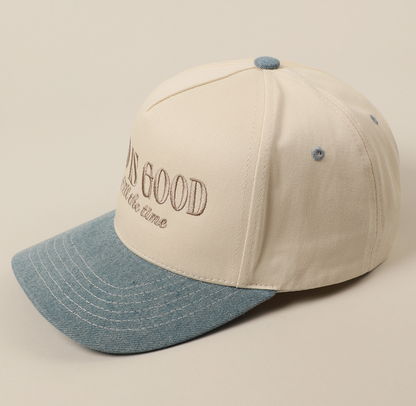 God Is Good All the Time Embroidery Trucker Hat Denim