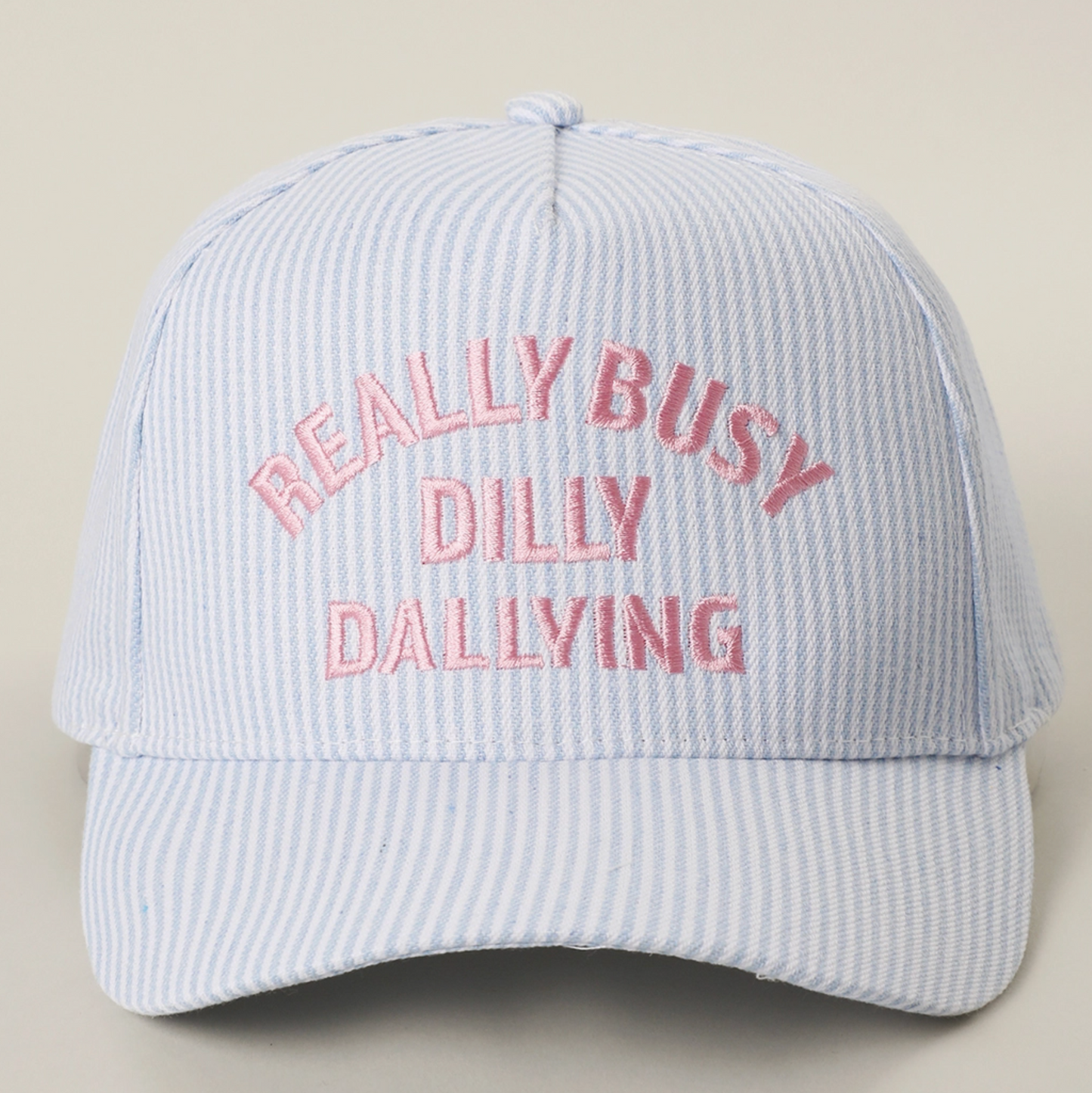 Really Busy Dilly Dallying Embroidered Seersucker Stripe Hat - Blue