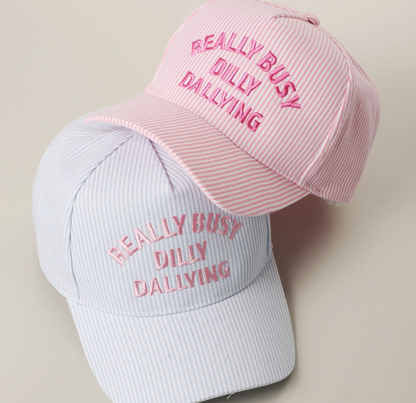 Really Busy Dilly Dallying Embroidered Seersucker Stripe Hat - Blue